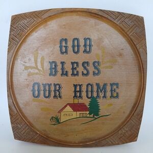 Wall Hanging Plaque "God Bless Our Home" Japan Wood Vintage Hand‎ Painted